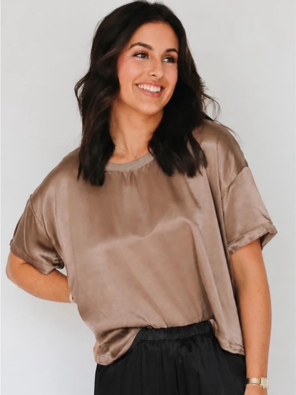 NWT PJ Harlow Satin Bertie Short-Sleeve Pullover Top in Copper - Picture 2 of 12